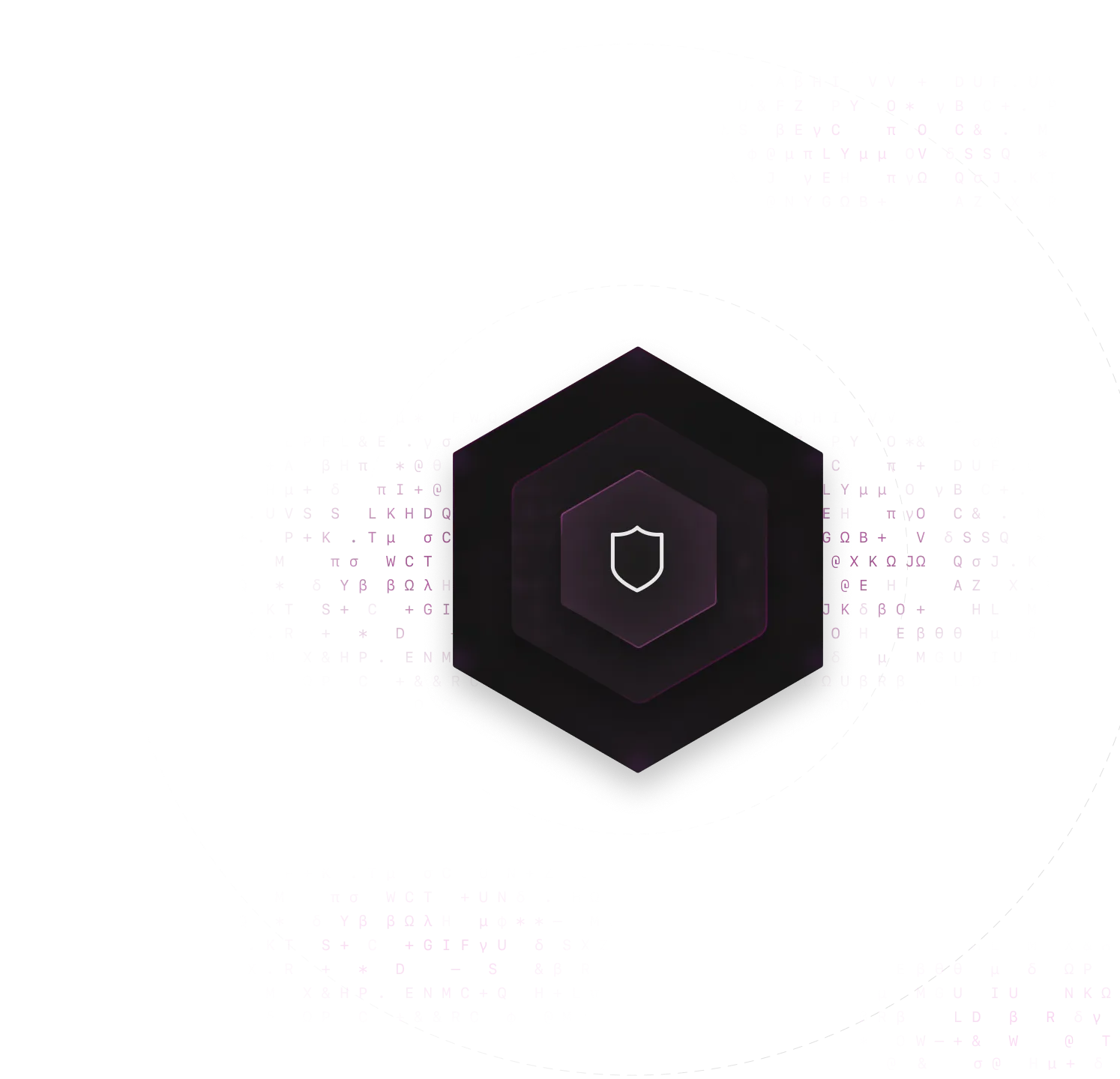Hexagonal shield icon at the center with concentric dashed circles and scattered alphanumeric code in purple on black background.
