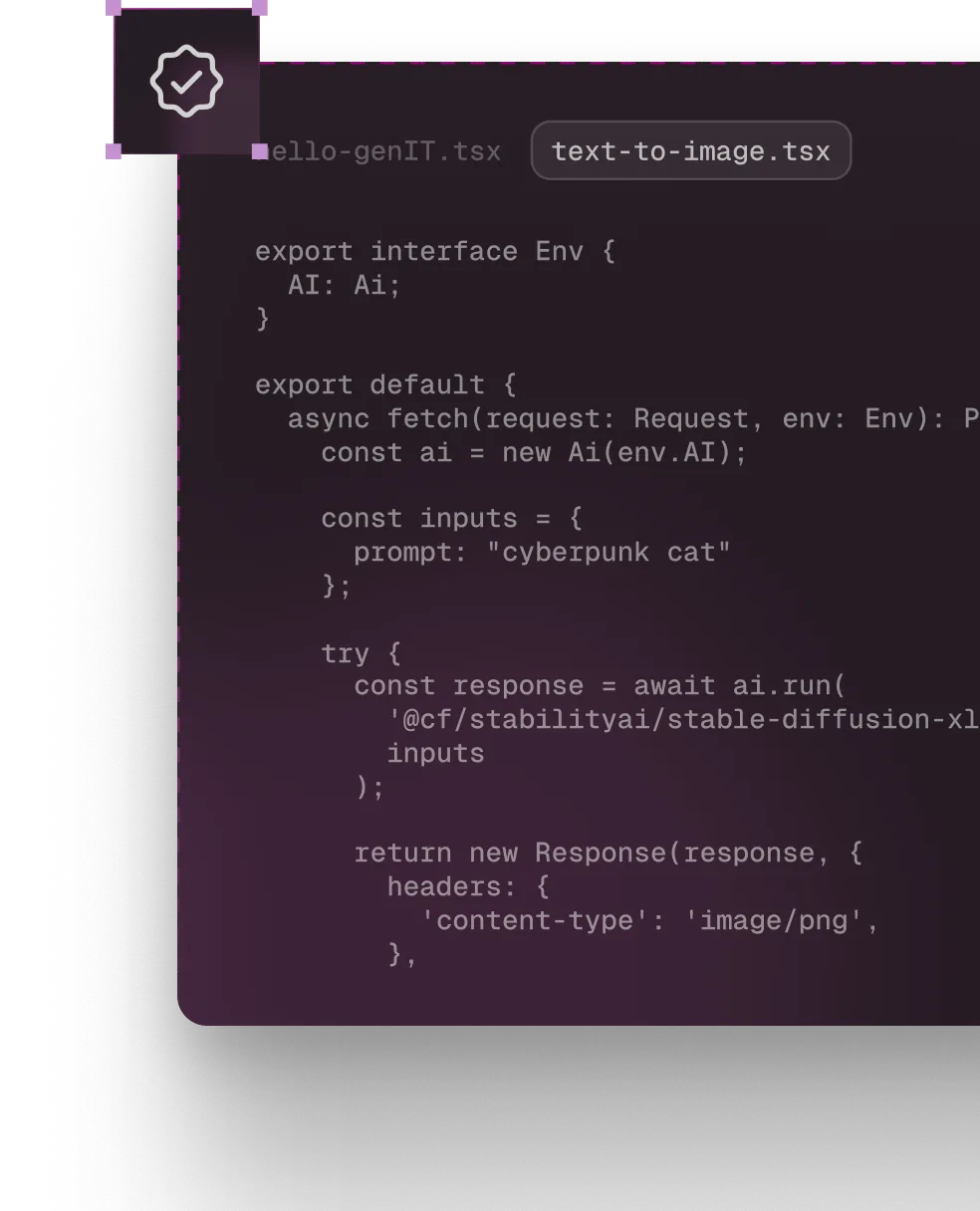 Code snippet in TypeScript defining an async function fetching AI-generated image with prompt 'cyberpunk cat'.