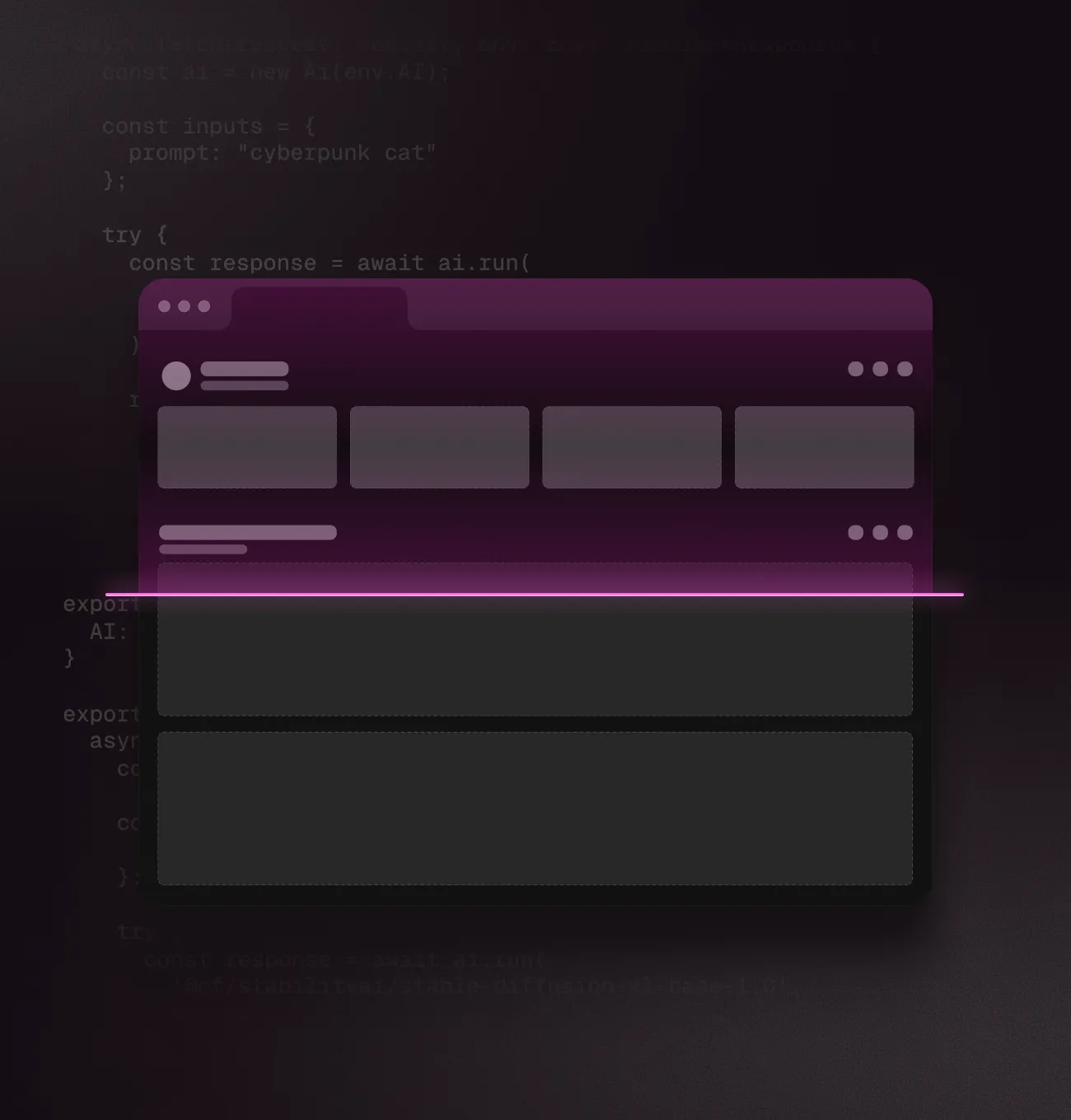 Dark-themed browser window graphic with four rectangular placeholders and lines representing text on a purple and black background with a pink horizontal line through the middle.