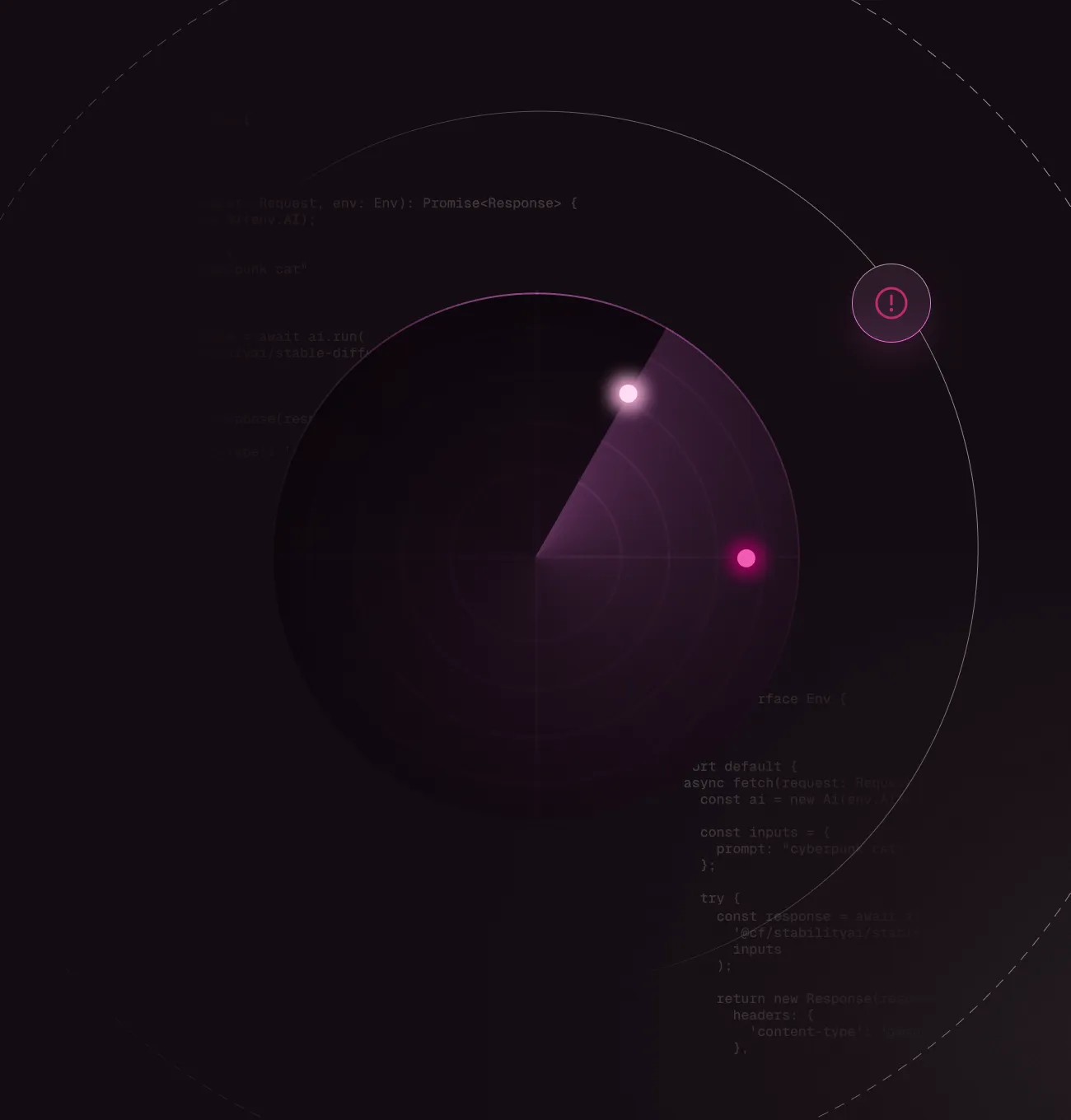 Futuristic radar screen with two glowing blips and an alert icon on a dark background.