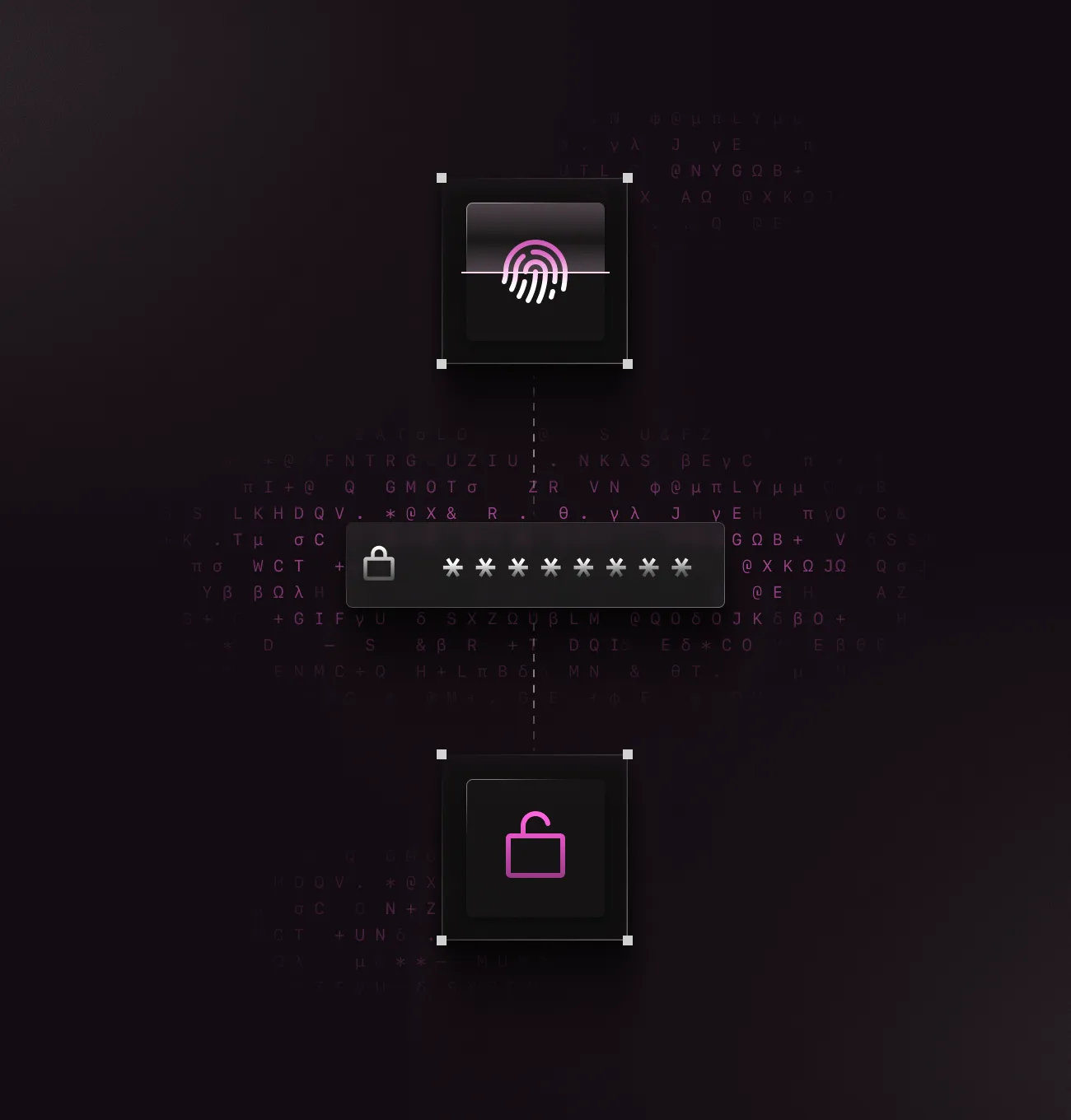 Graphic showing a fingerprint icon at the top, a password entry box with hidden characters in the center, and an unlocked padlock icon at the bottom on a dark background with scattered alphanumeric characters.