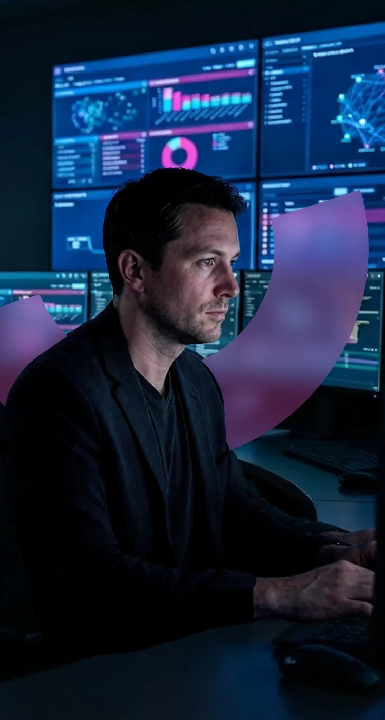 Man working on computer in a dimly lit control room with multiple monitors displaying data analytics and network diagrams.