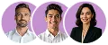 Headshots of three diverse professionals with smiling expressions against pink circular backgrounds.