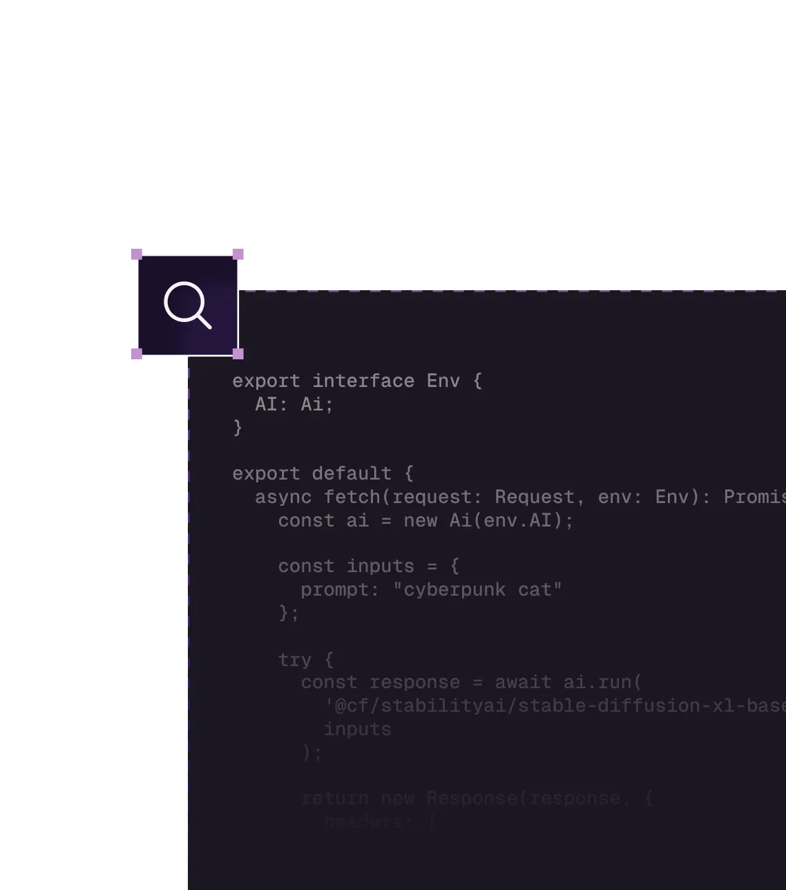 Code snippet defining an async function to fetch AI-generated images with a prompt 'cyberpunk cat'.