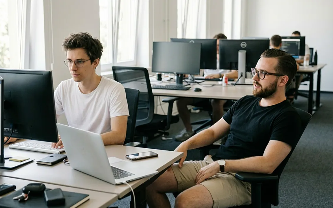Two young men wearing glasses working at desks with computers and laptops in a bright office.