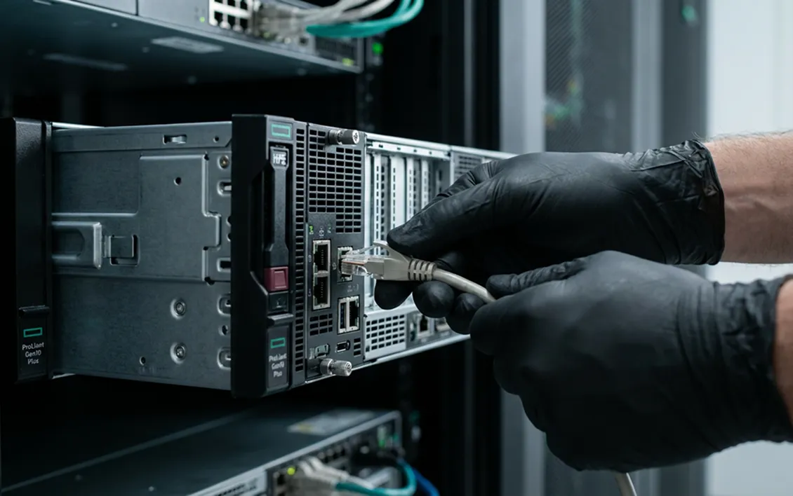Technician wearing black gloves plugging an Ethernet cable into a ProLiant Gen10 Plus server in a data center rack.