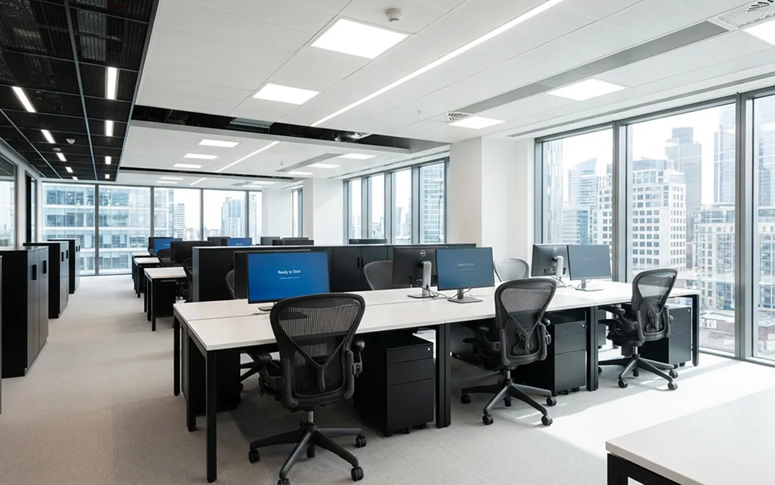 Modern bright office space with multiple desks, ergonomic chairs, computer monitors, and large windows showing a cityscape.