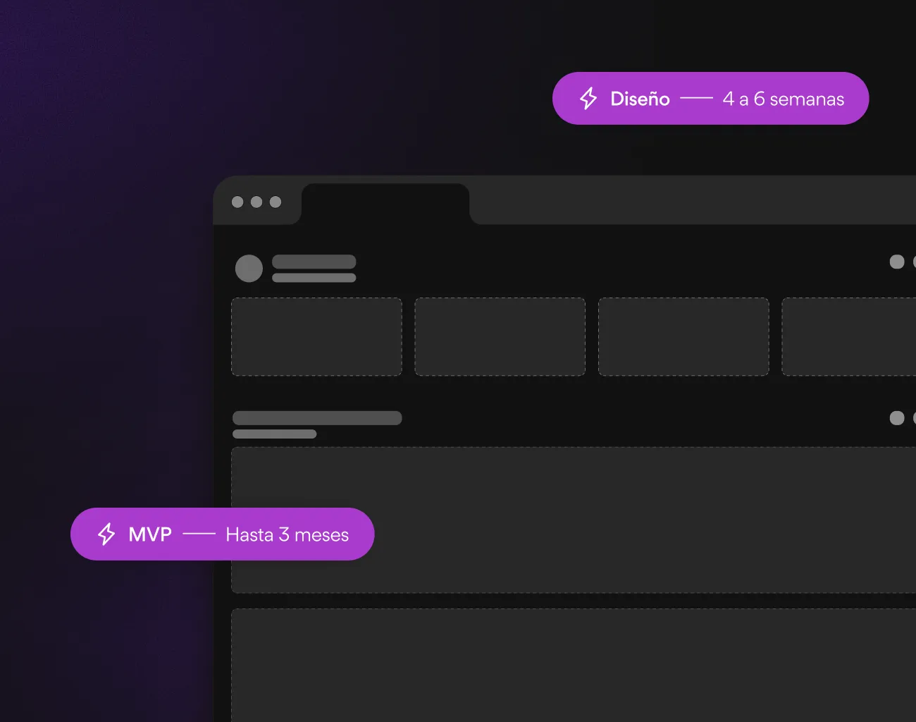 Dark-themed browser window graphic with four rectangular placeholders and lines representing text on a purple and black background with a pink horizontal line through the middle.