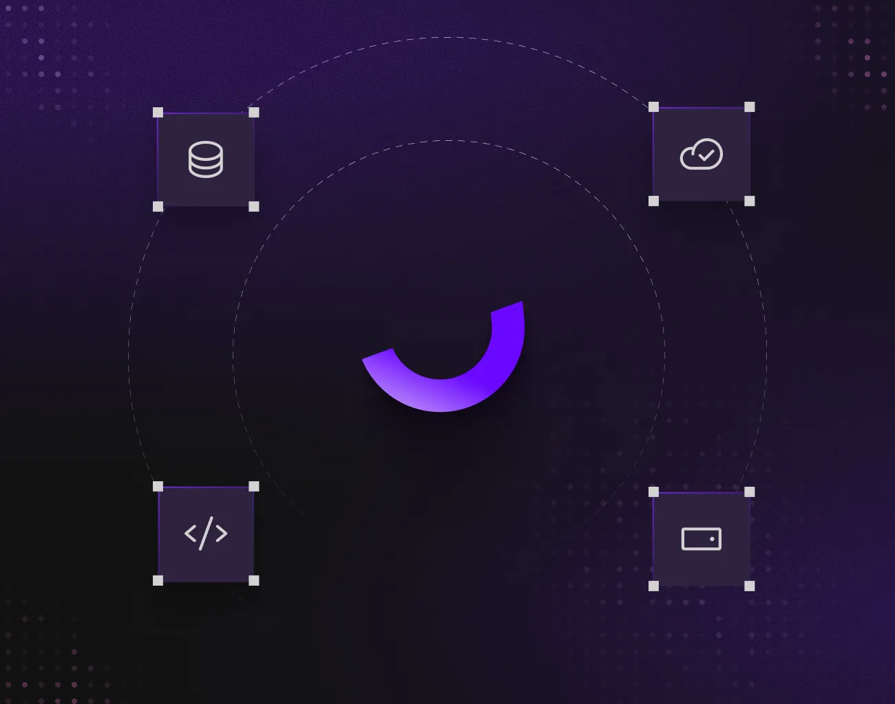 Dark background with a central purple hexagon containing a shield and checkmark icon, connected by dotted lines to a cloud upload icon on the left and a server stack icon on the right.