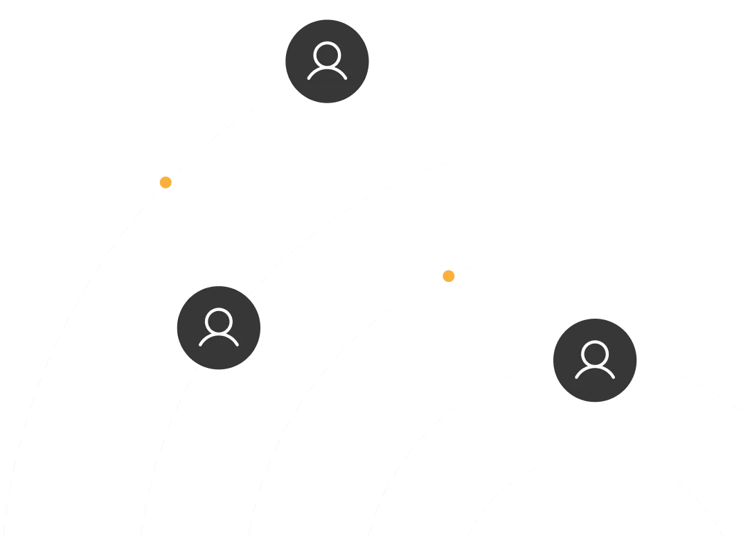 Three user icons positioned along concentric dashed circular lines with small orange dots on some lines, on a black background.