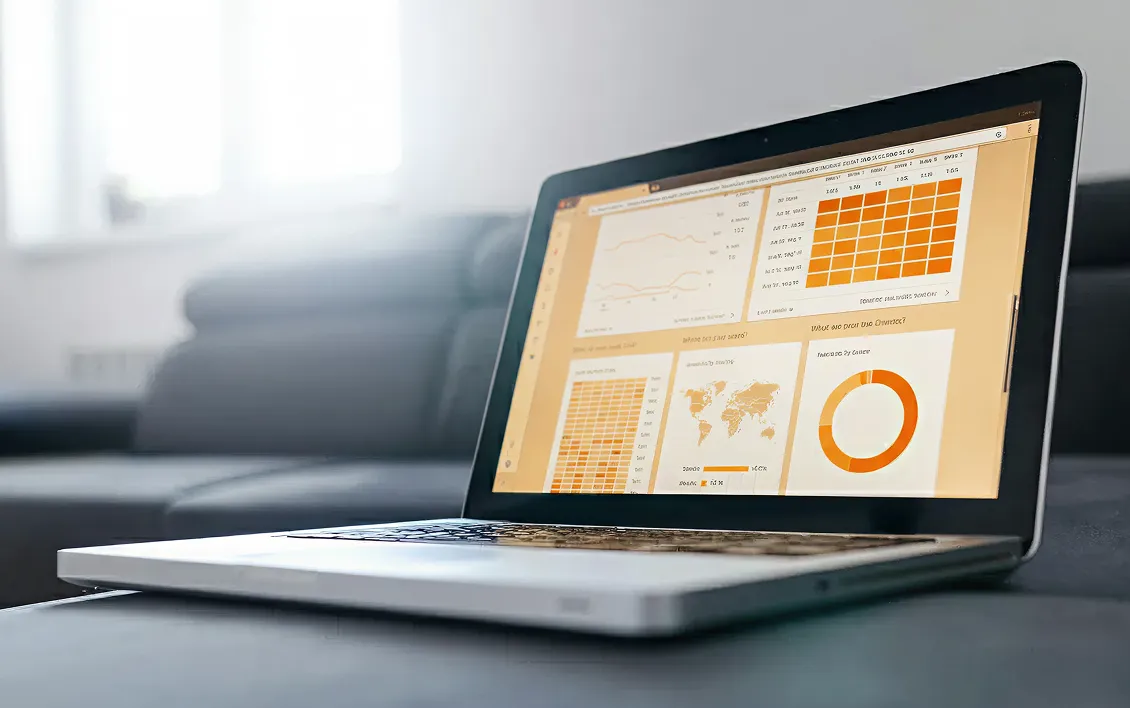 Open laptop on a couch displaying various orange graphs, charts, and data visualizations on the screen.
