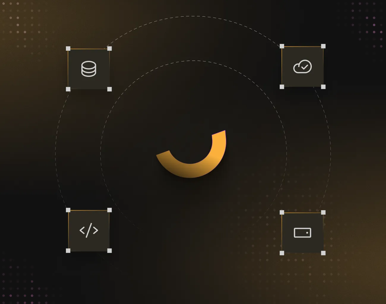 Dark background with a central purple hexagon containing a shield and checkmark icon, connected by dotted lines to a cloud upload icon on the left and a server stack icon on the right.