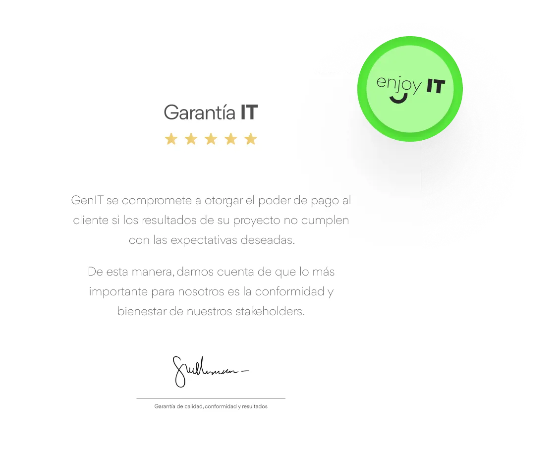 Guarantee statement titled 'Garantía IT' with five gold stars, a commitment text in Spanish about payment power if project results don't meet expectations, and a signature at the bottom.