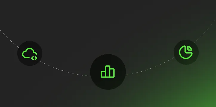 Three green neon icons on black circular backgrounds connected by a dotted white curved line on a dark gradient background.