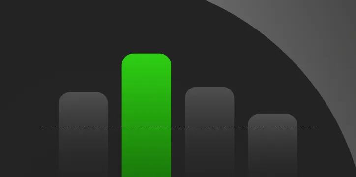 Bar chart with five vertical bars, the middle bar is highlighted in bright green above a dotted horizontal line, the others are shaded dark gray.