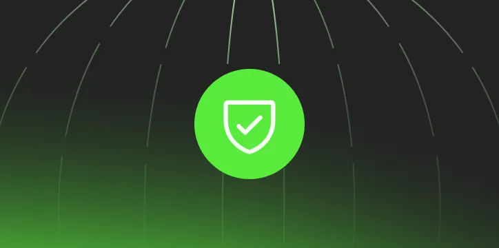 Green shield icon with a white checkmark in the center on a dark background with green gradient and curved lines.