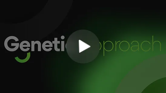 Video cover screen with the text 'Genetic approach' in gray and green, featuring a white play button in the center on a dark background.