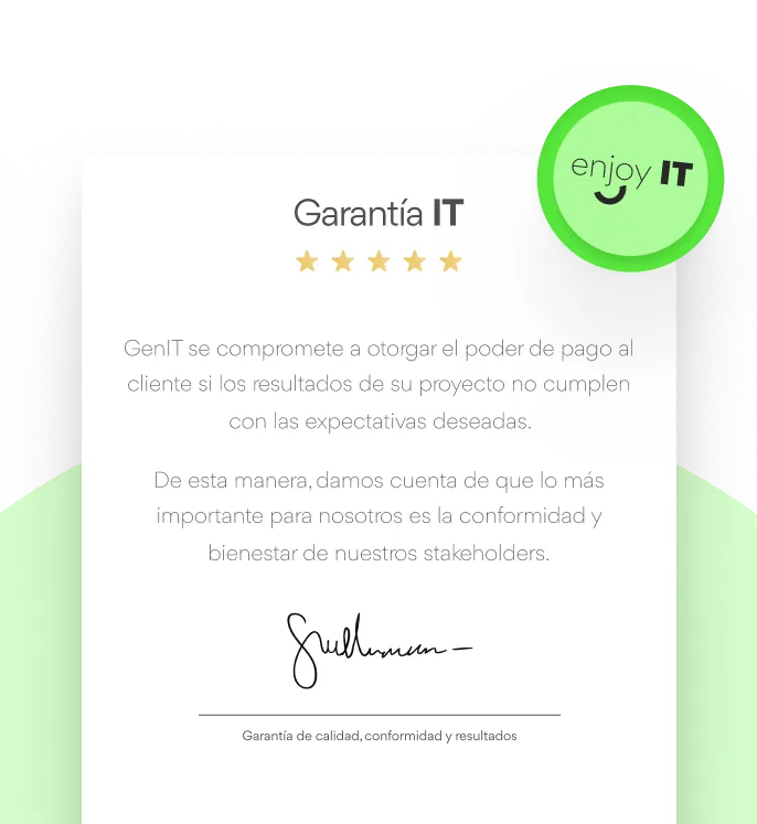 Guarantee statement titled 'Garantía IT' with five gold stars, a commitment text in Spanish about payment power if project results don't meet expectations, and a signature at the bottom.