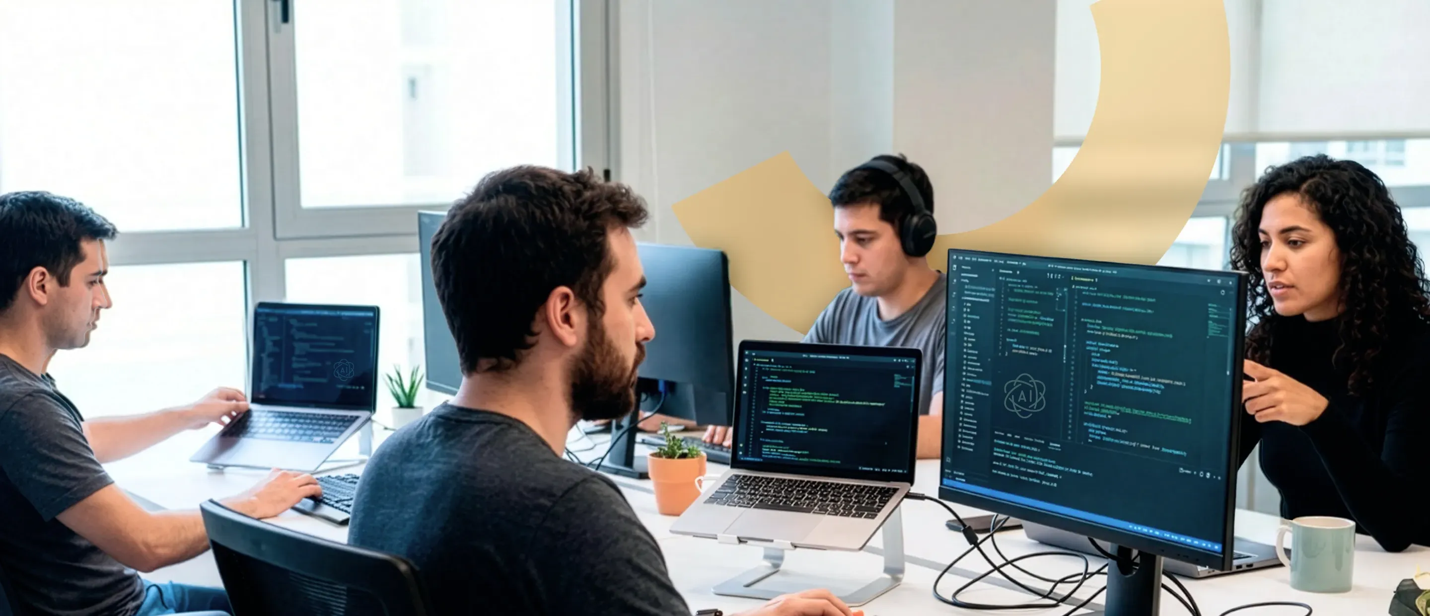 Four people working on computers in an office, with code displayed on multiple laptop and desktop screens.