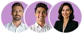 Tres personas sonrientes en fotos de retrato circulares con fondo blanco.