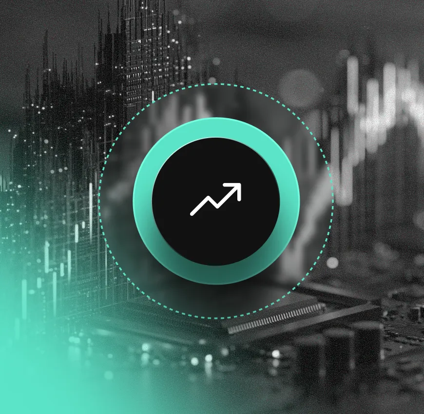 Icono de flecha hacia arriba dentro de un círculo sobre fondo de gráficos financieros digitales y componentes electrónicos en tonos oscuros y verdes.