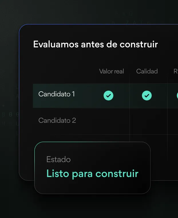 Pantalla oscura con tabla que evalúa dos candidatos en columnas Valor real y Calidad, con Candidato 1 marcado con tildes verdes, y cuadro de estado que dice Listo para construir.