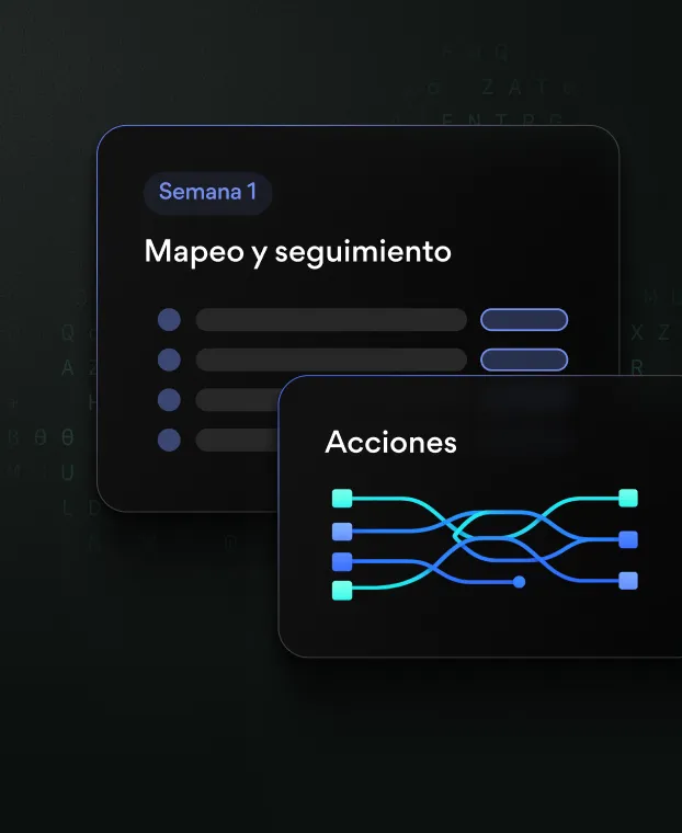 Pantalla con dos cuadros: uno muestra 'Semana 1 Mapeo y seguimiento' con cuatro líneas de progreso, el otro muestra 'Acciones' con un diagrama de conexiones entre bloques azules y turquesas.
