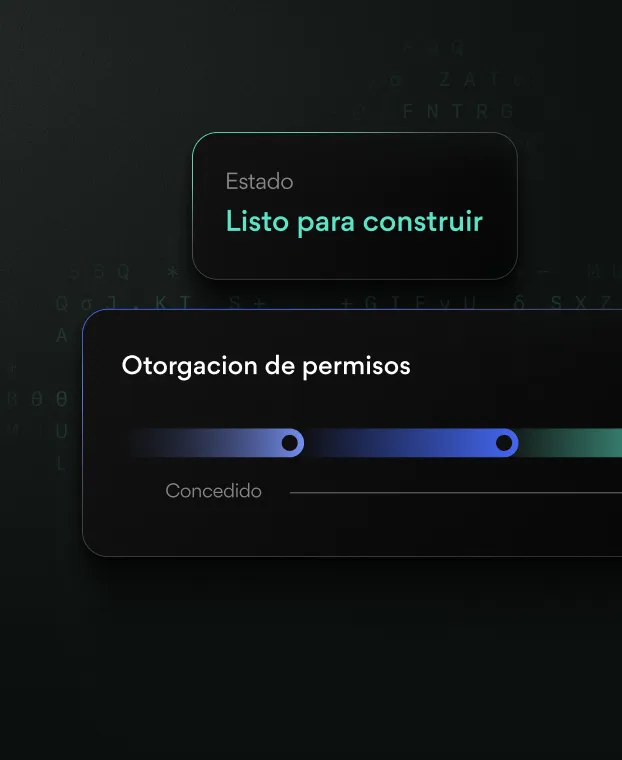 Interfaz digital con estado 'Listo para construir' y barra de progreso para otorgación de permisos indicando permisos concedidos.