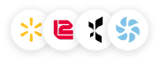 Cinco logos redondos de empresas alineados horizontalmente, cada uno con un diseño y color diferente sobre fondo blanco.
