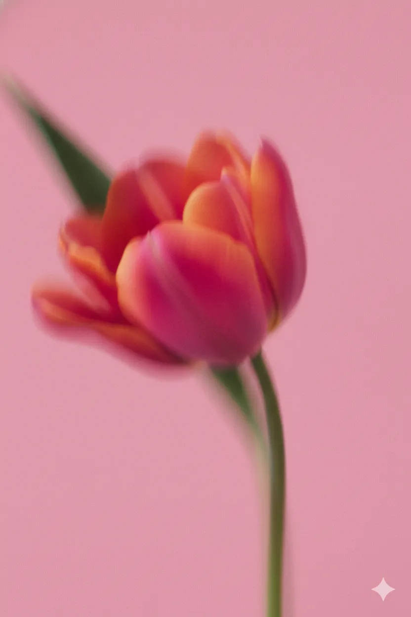 Soft-focus close-up of an orange and pink tulip against a solid pink background.