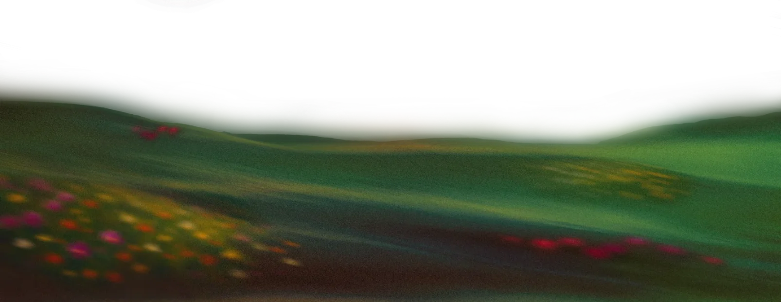 Blurred landscape with green hills and scattered colorful flowers.