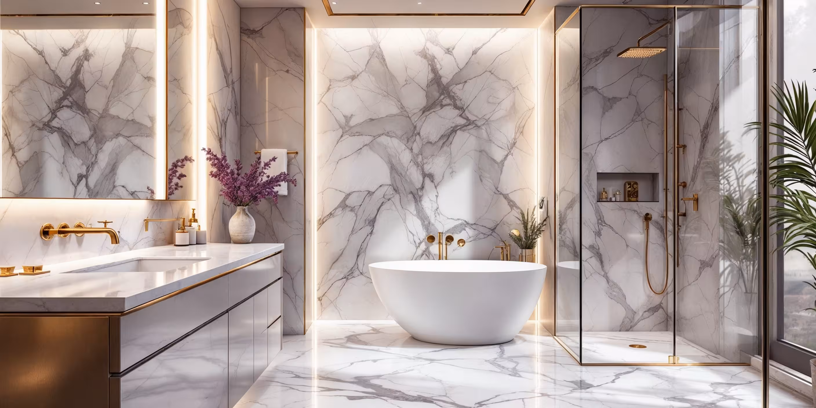 Luxurious modern bathroom with a freestanding white bathtub, marble walls and floors, gold fixtures, and a glass-enclosed shower.
