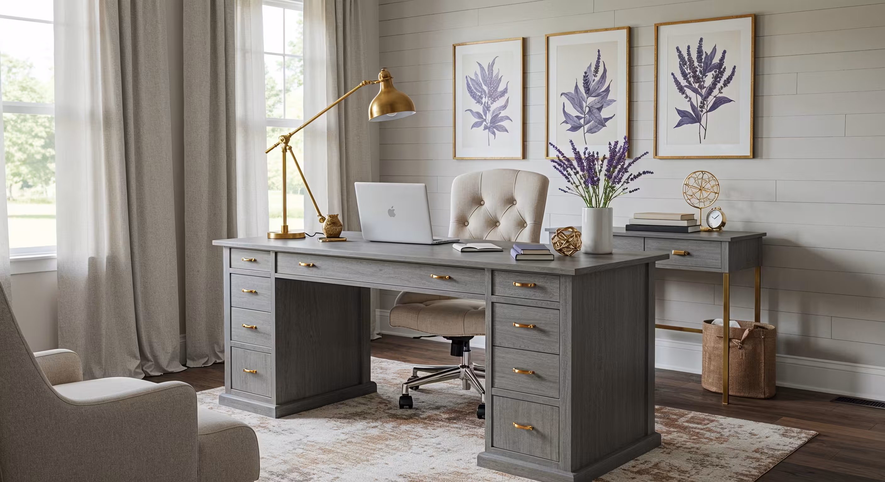 Luxury home office interior in Utah, showcasing a clean, organized workspace with modern farmhouse design and natural light.