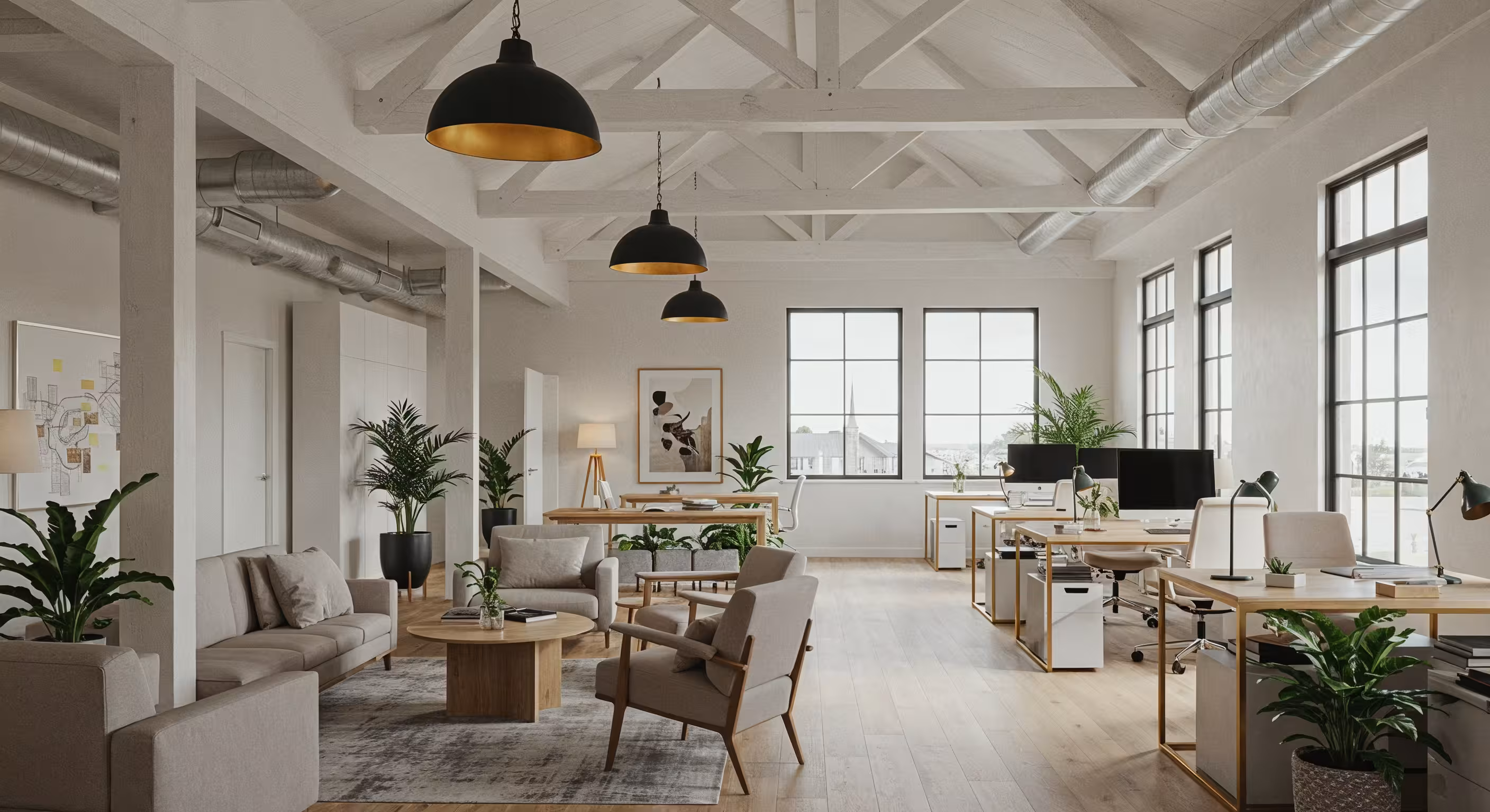 Modern office with neutral-toned lounge seating, wooden desks with computers, large windows, and indoor plants.
