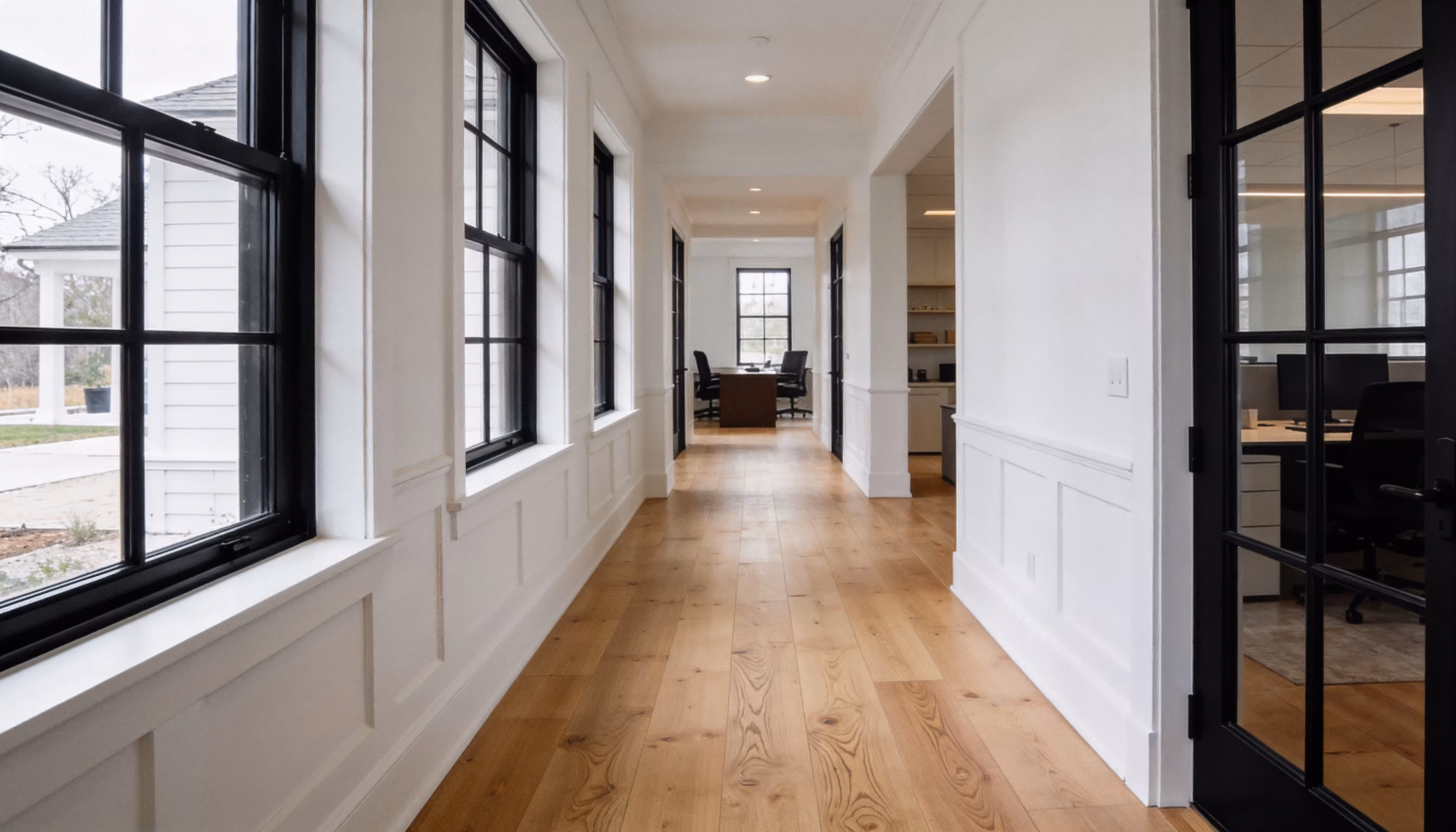 Bright office hallway with wooden floor, white walls, large black-framed windows on the left, and a glass door on the right leading to a workspace.