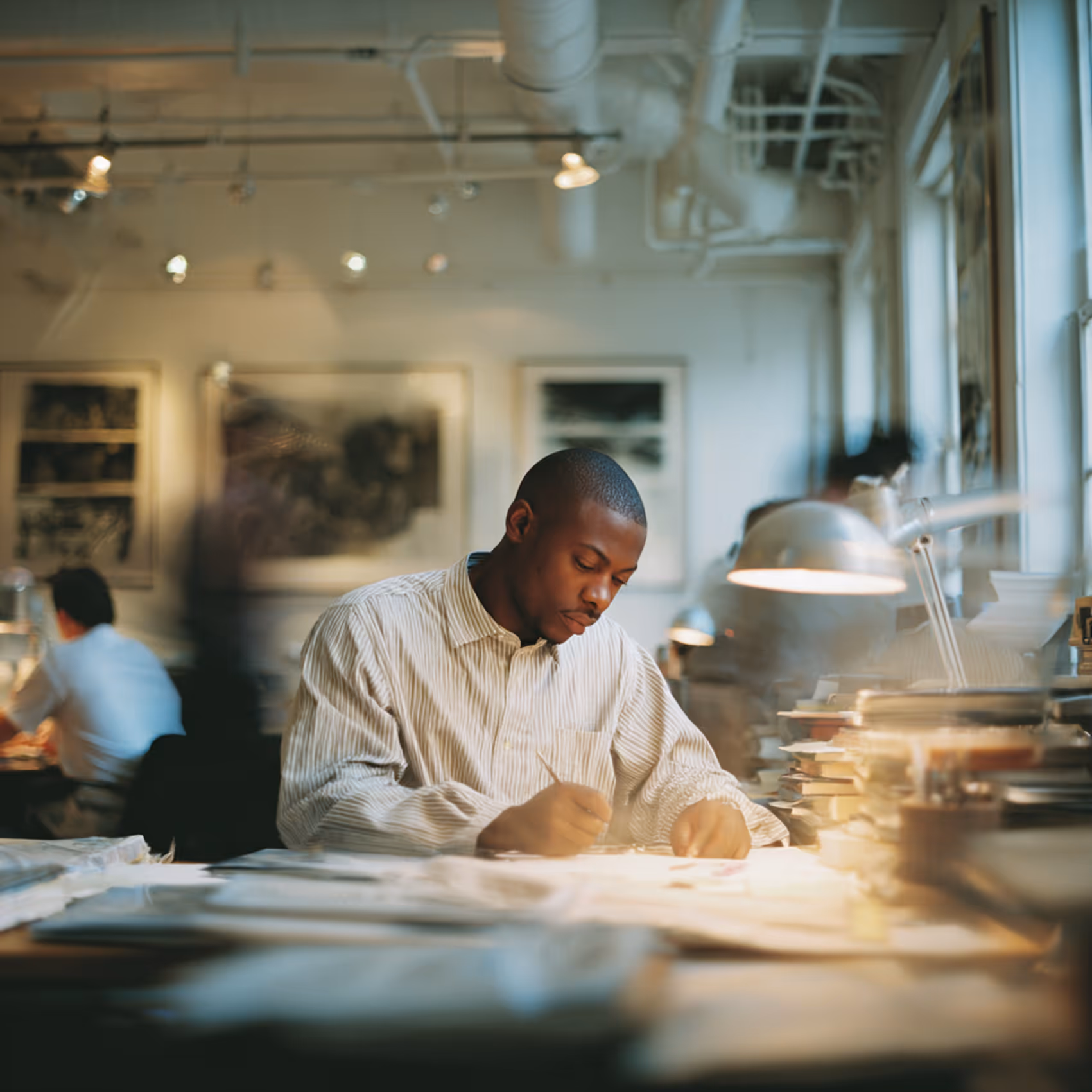 A focused young man in a striped shirt writing at a cluttered desk in a busy, well-lit office or studio space.