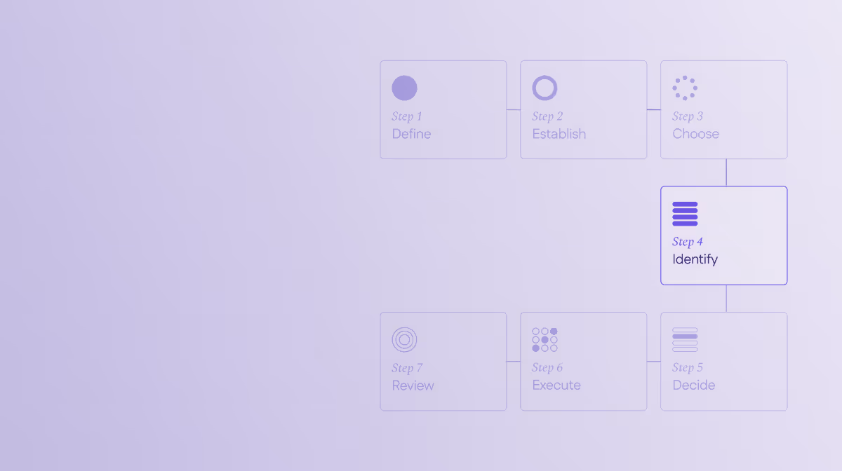 DECIDER model - Flowchart with seven steps: Step 1 Define, Step 2 Establish, Step 3 Choose, Step 4 Identify highlighted, Step 5 Decide, Step 6 Execute, and Step 7 Review.