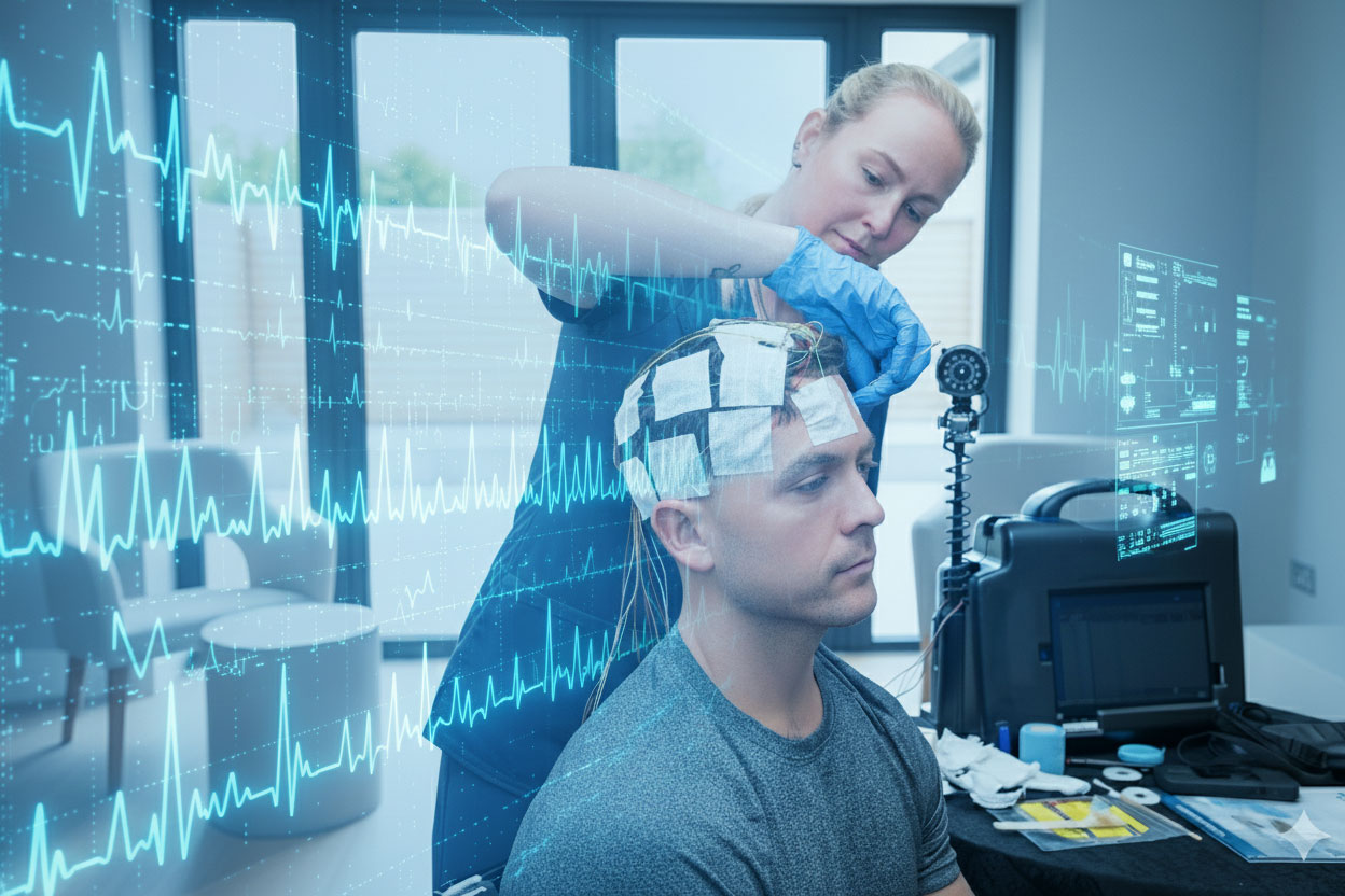 Image of man getting EEG sensors placed on his head in his home by a nurse.