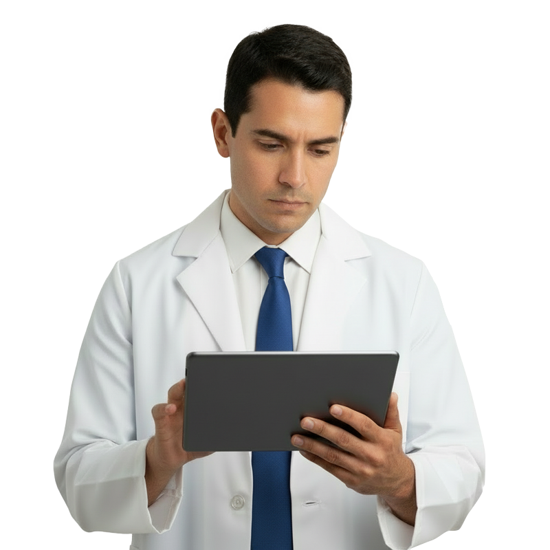 physician reviewing a tablet