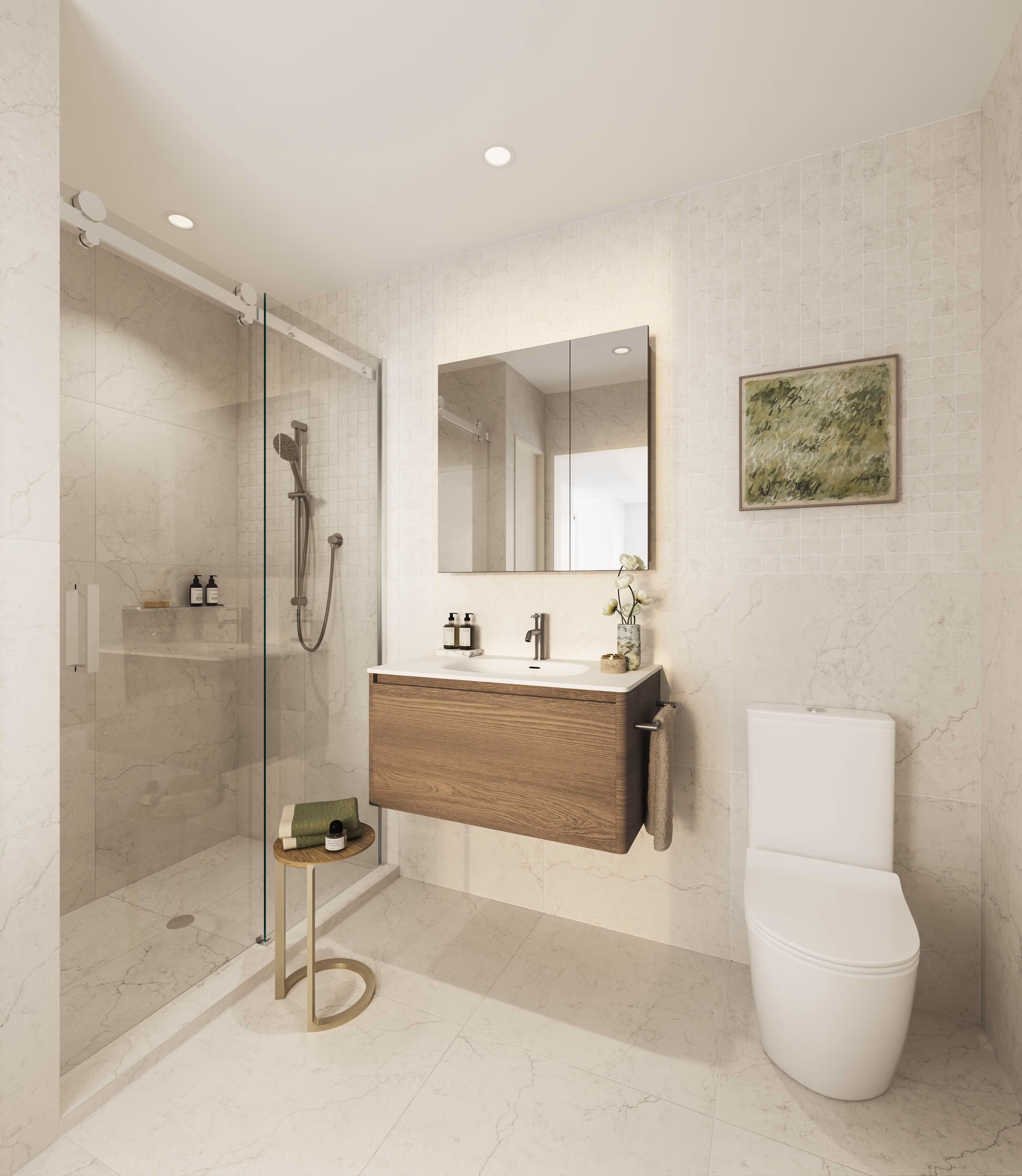 Modern bathroom with a glass-enclosed shower, floating wooden vanity with mirror, toilet, small side table with towels, and abstract green wall art.