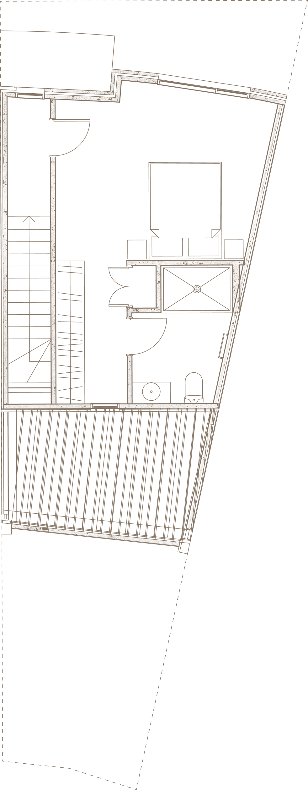 Architectural floor plan showing a bedroom, bathroom with shower and toilet, staircase, and a balcony area.