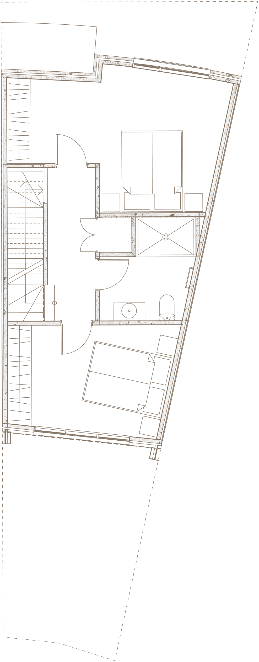 Floor plan showing two bedrooms, a bathroom with shower, toilet, and sink, and stair access.