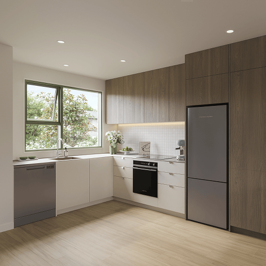Modern kitchen with wooden upper cabinets, white lower cabinets, stainless appliances, and a large window.