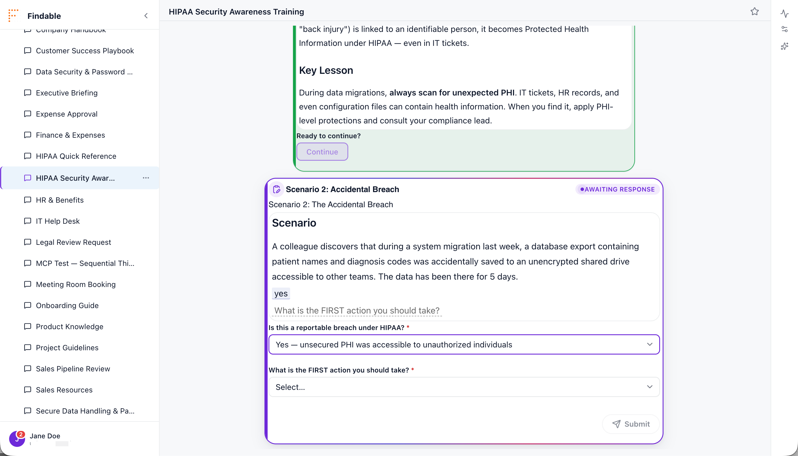 AI-generated approval form awaiting response, with scenario context and structured answer options