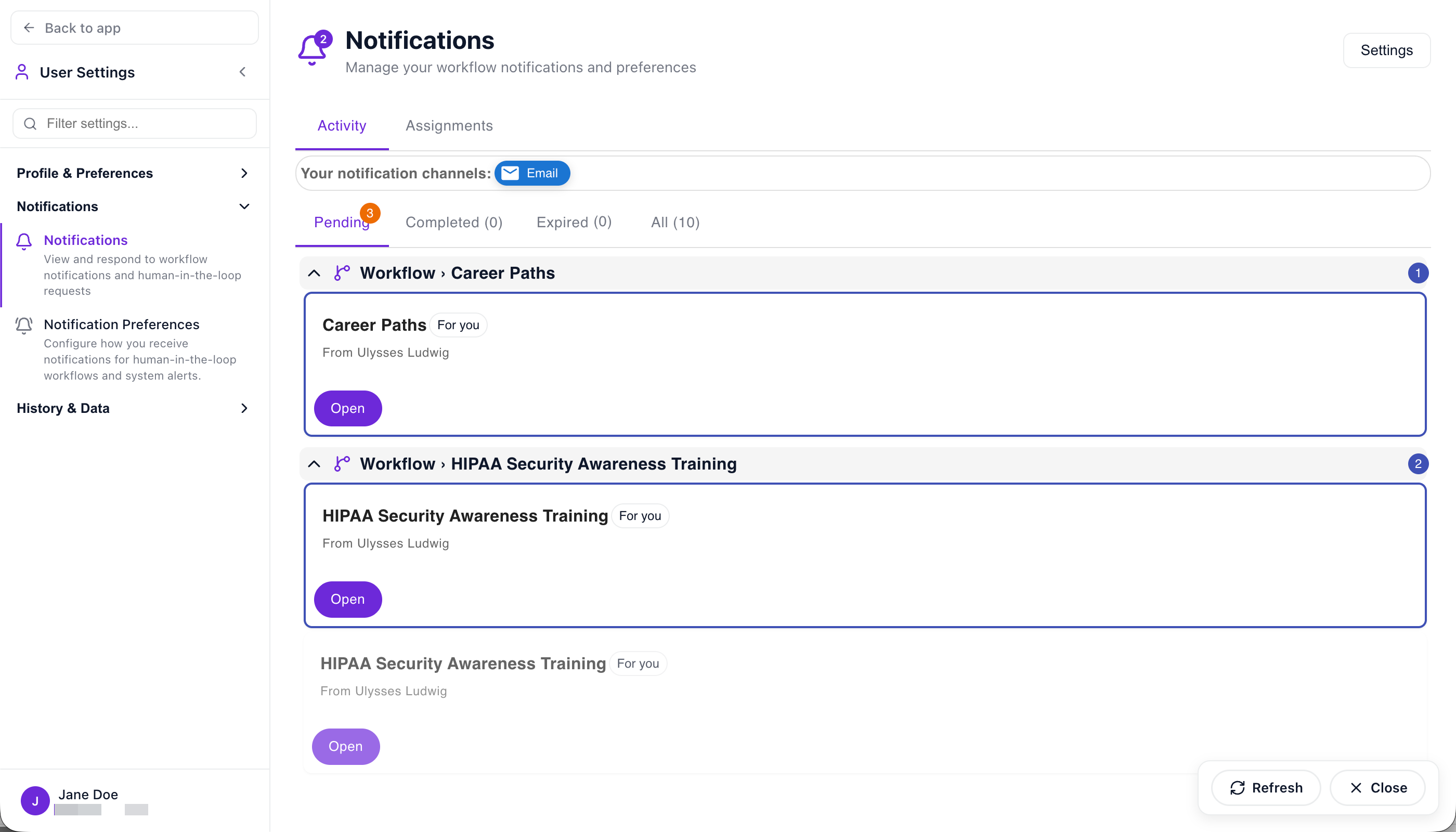 Findable notification center showing pending human-in-the-loop requests grouped by workflow