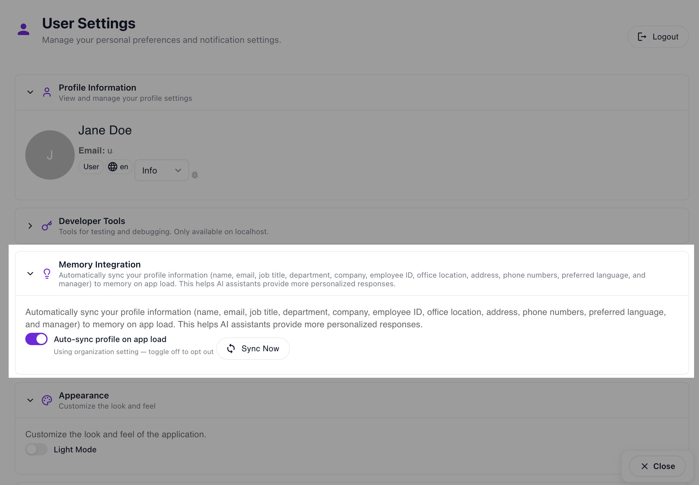 Findable memory integration settings with organization-level profile sync and individual opt-out