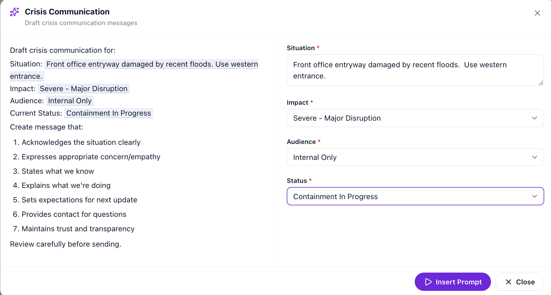 Curated crisis-communication prompt template with typed inputs: situation field, impact, audience, and status dropdowns, and a live prompt preview