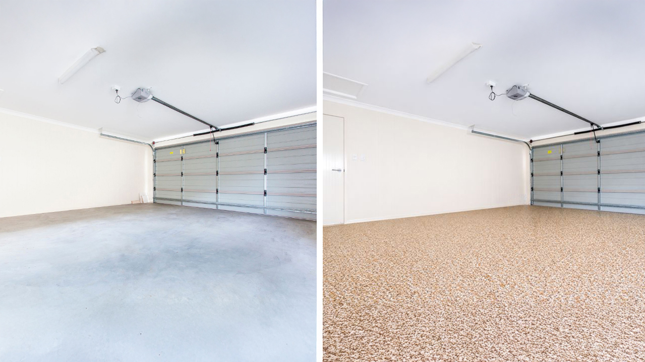 Side-by-side comparison of a garage before and after epoxy floor installation, showing plain concrete on the left and a textured beige epoxy floor on the right with storage cabinets and shelves.