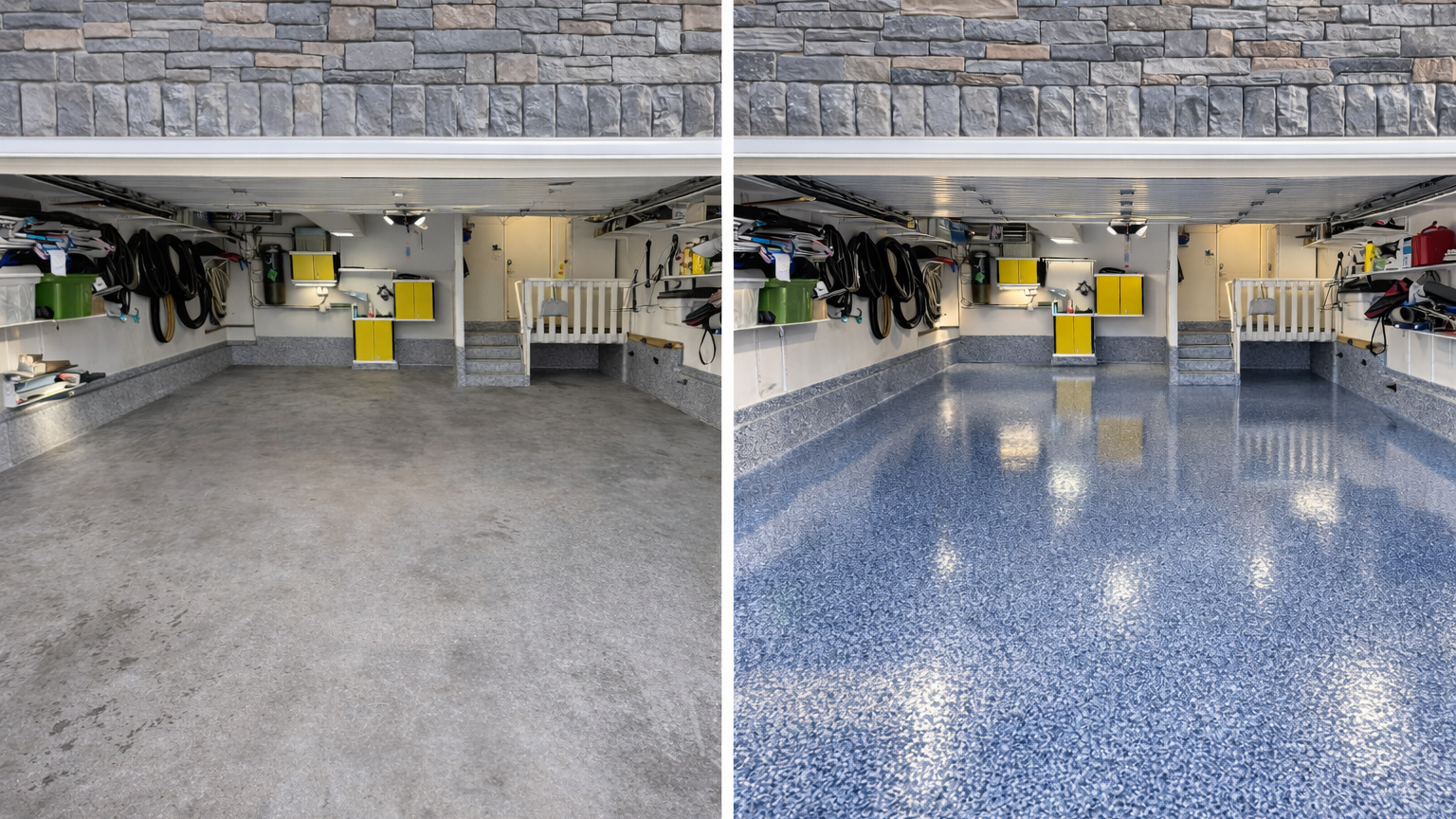 Before and after epoxy flake floor installation in a Calgary garage — bare concrete vs. finished system
