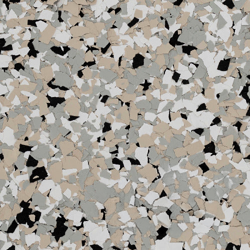 Cabin Fever Flake epoxy floor sample showing earth tone brown vinyl flake blend